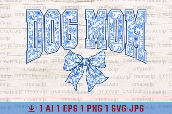 Coquette Bow Dog Mom Chinoiserie Blue Graphics for T-Shirt Designs