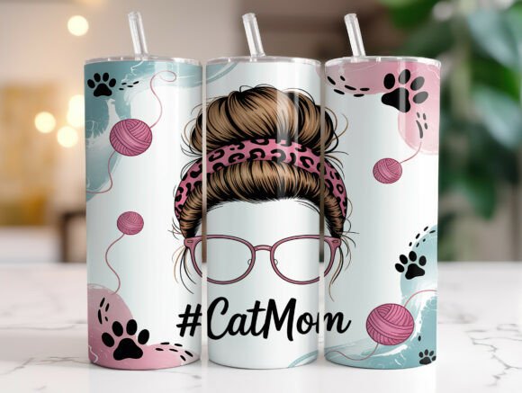Reviewing 20oz Messy Bun Cat Mom Tumbler Wrap Graphics